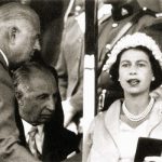 Queen Elizabeth is joined in the Royal Box by E.P. Taylor (left) and Lieutenant Governor J. Keiller MacKay