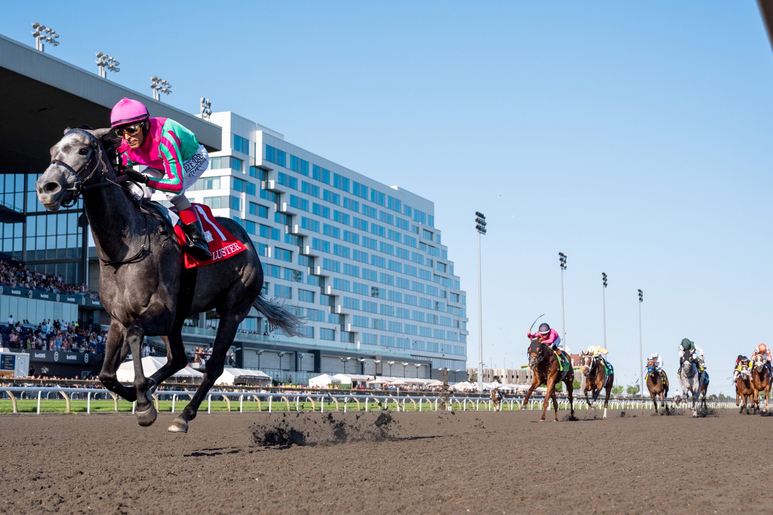 Luster and jockey John Velazquez winning the 167th King's Plate on August 15, 2026 at Woodbine Racetrack (Michael Burns Photo)