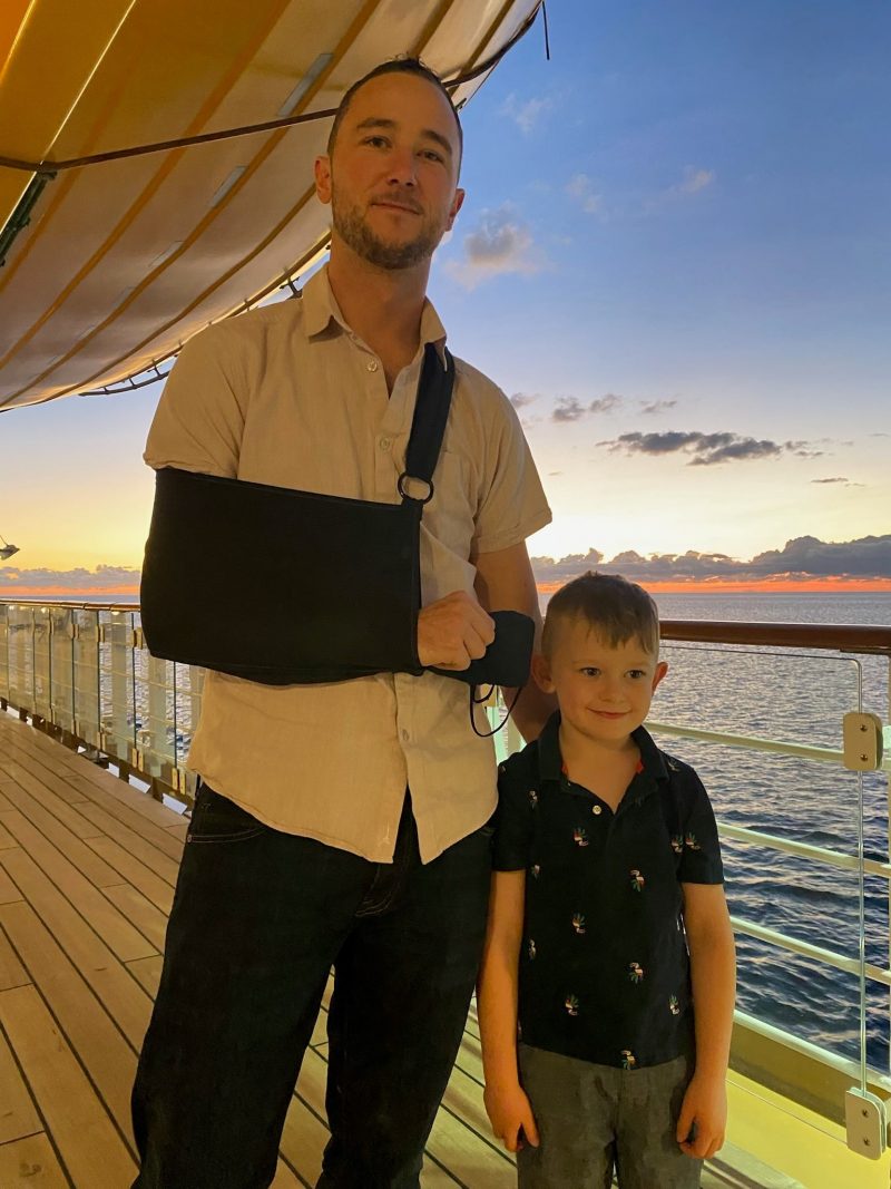 Bob McClure recovers with the best medicine, time with his son Ryder, after breaking his arm earlier this year. (supplied) 