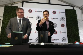 Scott McKelvie and John Campbell conducting the draw for the 2019 Breeders Crown. (New Image Media)