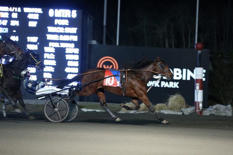 Cindy Lynn trots to her thrid victory of 2020 on March 10th with driver Bob McClure in the sulky at Woodbine Mohawk Park. (New Image Media)