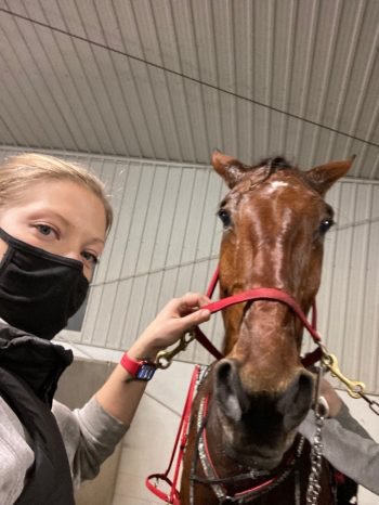 Michelle Olson guides Eastbound Eddie through the Woodbine Mohawk Park test barn, their first of many experiences together. (Supplied) 