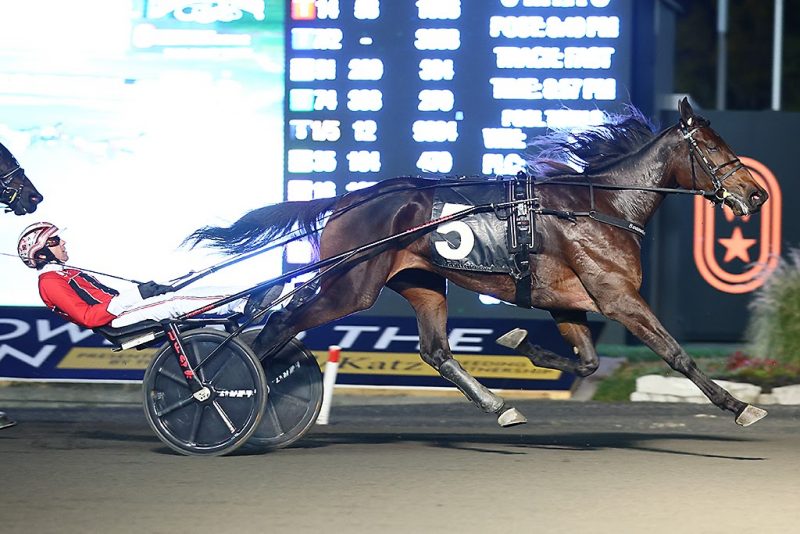 Jiggy Jog S and driver Dexter Dunn winning the 3 Year Old Filly Trot Breeders Crown Elimination on Saturday October 22 at Woodbine Mohawk Park (New Image Media)