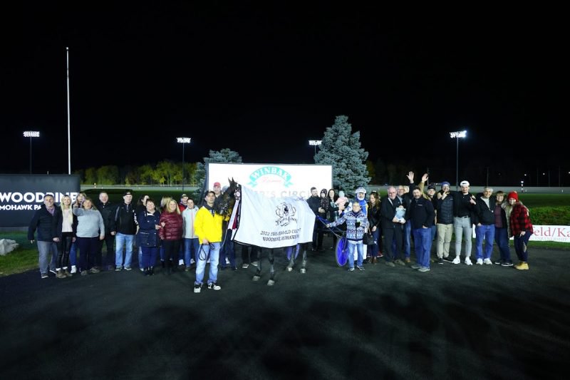 Gains Hanover and connections after winning the 2 year old colt trot Breeders Crown Final on Friday night at Woodbine Mohawk Park (New Image Media)