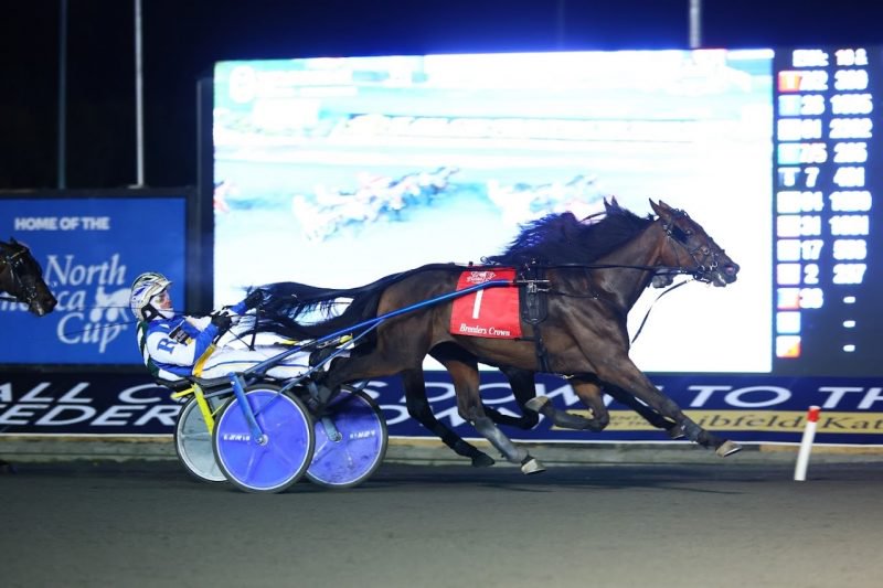 Gaines Hanover and driver Louis-Philippe Roy winning the 2 year old colt trot Breeders Crown Final on Friday night at Woodbine Mohawk Park (New Image Media)