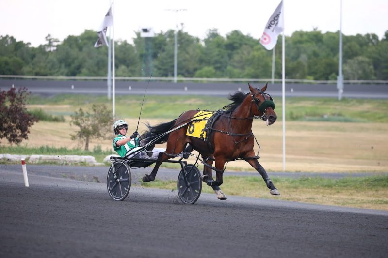Driver Tyler Jones and Petipou winning the 11th race on July 19, 2022 at Woodbine Mohawk Park (New Image Media)