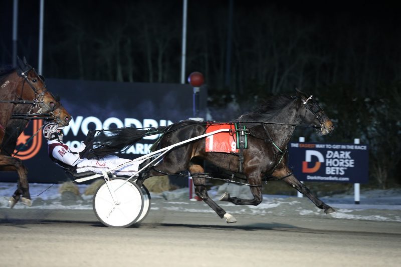 Awesome Hill and Driver Doug McNair winning the Ontario Girls Pace Final on March 4, 2022 at Woodbine Mohawk Park