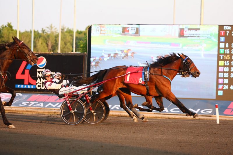 Refined and driver Doug McNair winning the Armbro Flight Final on June 17, 2023 at Woodbine Mohawk Park (New Image Media) 