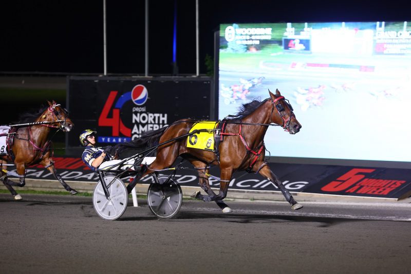 Sylvia Hanover and driver Bob McClure winning the second Fan Hanover Elimination on June 10, 2023 at Woodbine Mohawk Park (New Image Media)