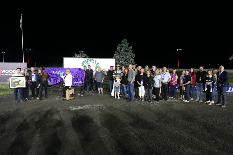 Sylvia Hanover and connections celebrating Fan Hanover Final win on June 17, 2023 at Woodbine Mohawk Park (New Image Media)