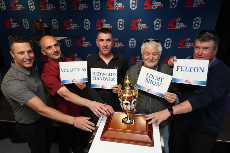 From left to right: James MacDonald, Michael Russo, Anthony Beaton, Richard Young, Brad McNinch reach for the Pepsi North America Cup trophy (New Image Media)