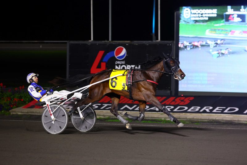 Drawn Impression and driver Louis-Philippe Roy winning the first Peaceful Way Elimination on August 19, 2023 at Woodbine Mohawk Park (New Image Media)
