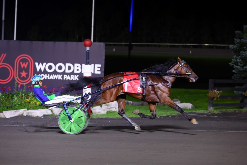 Mars Hill and driver Andrew McCarthy winning the second William Wellwood Elimination on August 19, 2023 at Woodbine Mohawk Park (New Image Media)