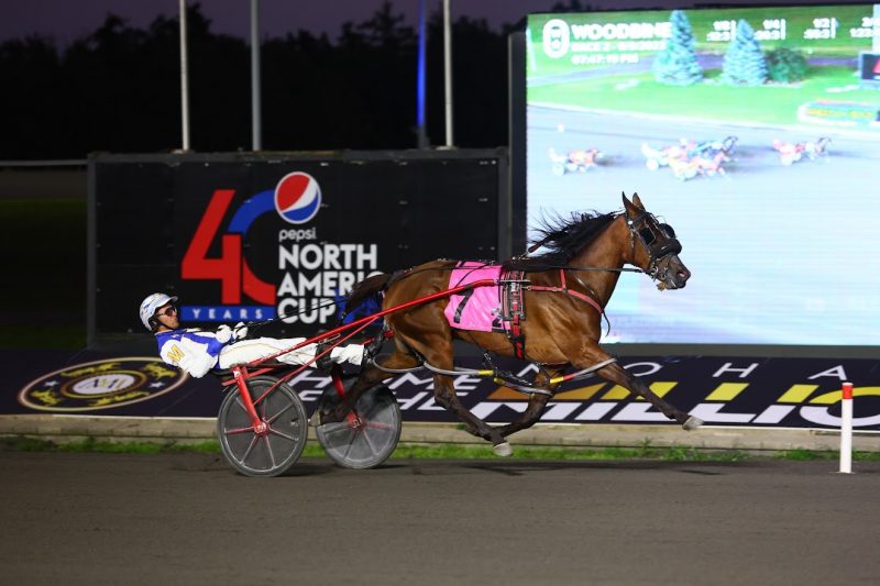 Pass Line and driver James MacDonald winning the first Champlain division for 2-year-old fillies on September 9, 2023 at Woodbine Mohawk Park (New Image Media)