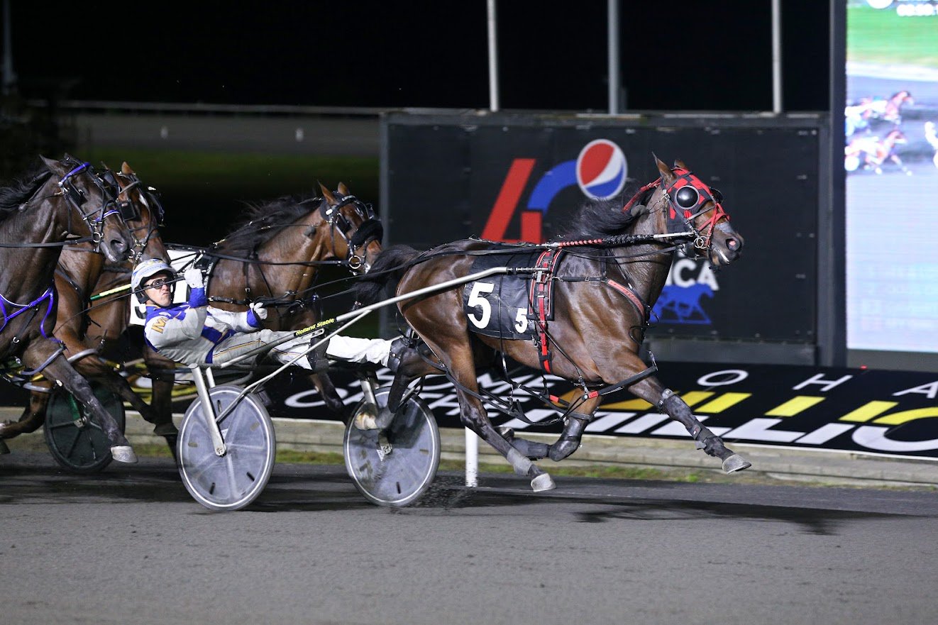 Its A Love Thing and Driver James MacDonald winning the She's a Great Lady Final on September 23, 2023 at Woodbine Mohawk Park (New Image Media)