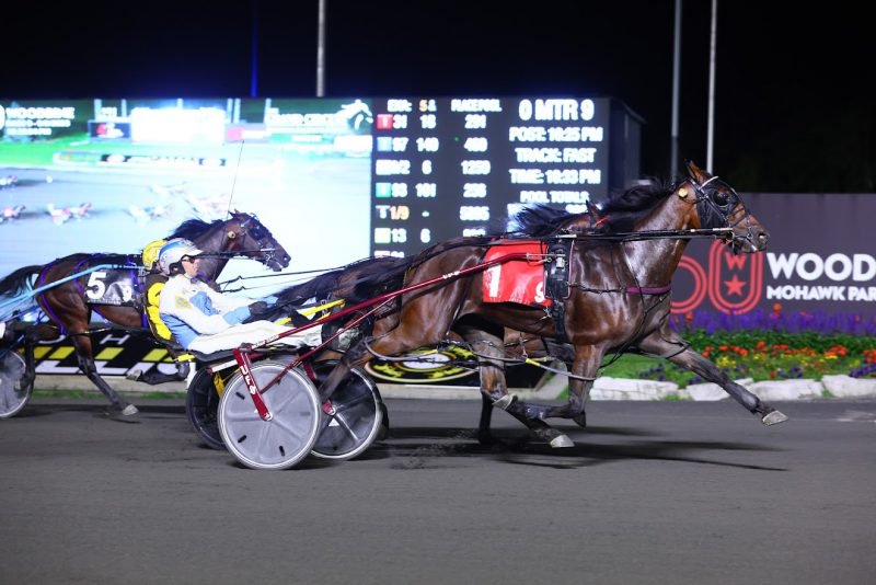 Whatchulookin At and driver Chris Christoforou winning the Simcoe Stakes on September 9, 2023 at Woodbine Mohawk Park (New Image Media)