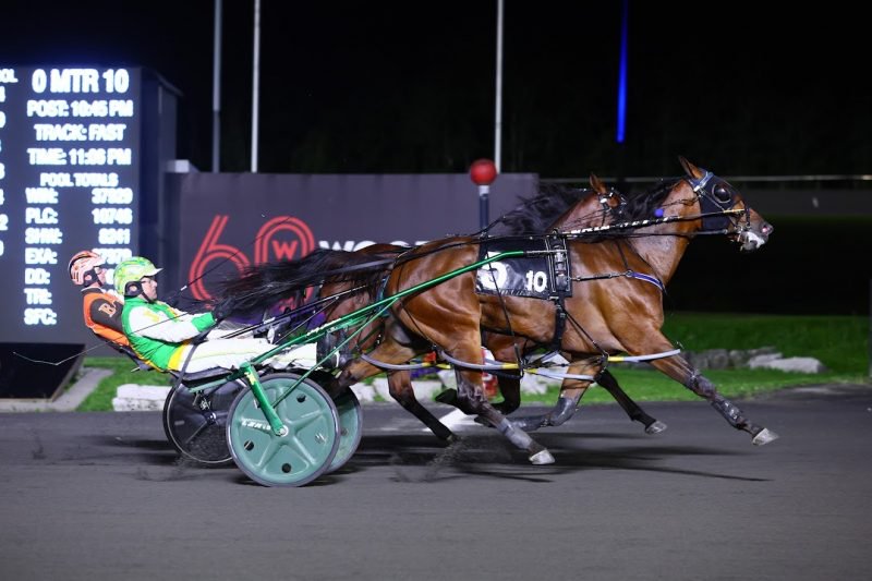 Bellisima Hanover and driver Jody Jamieson winning the second division of the Simcoe Stakes for three-year-old pacing fillies on September 9, 2023 at Woodbine Mohawk Park (New Image Media)