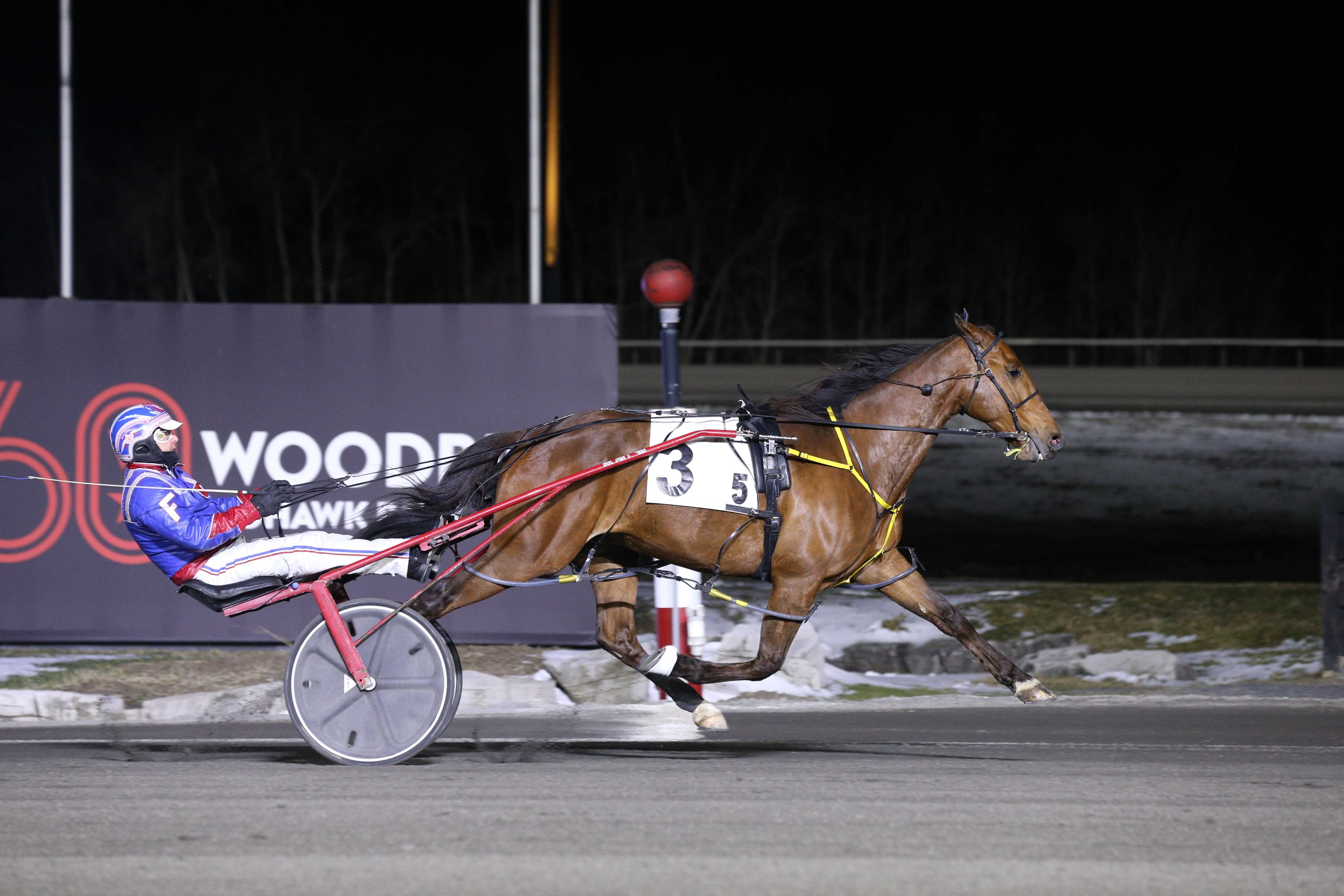 Whichwaytothebeach and driver Sylvain Filion winning the second leg of the New Holland Pacing Series on March 23, 2024 at Woodbine Mohawk Park (New Image Media)
