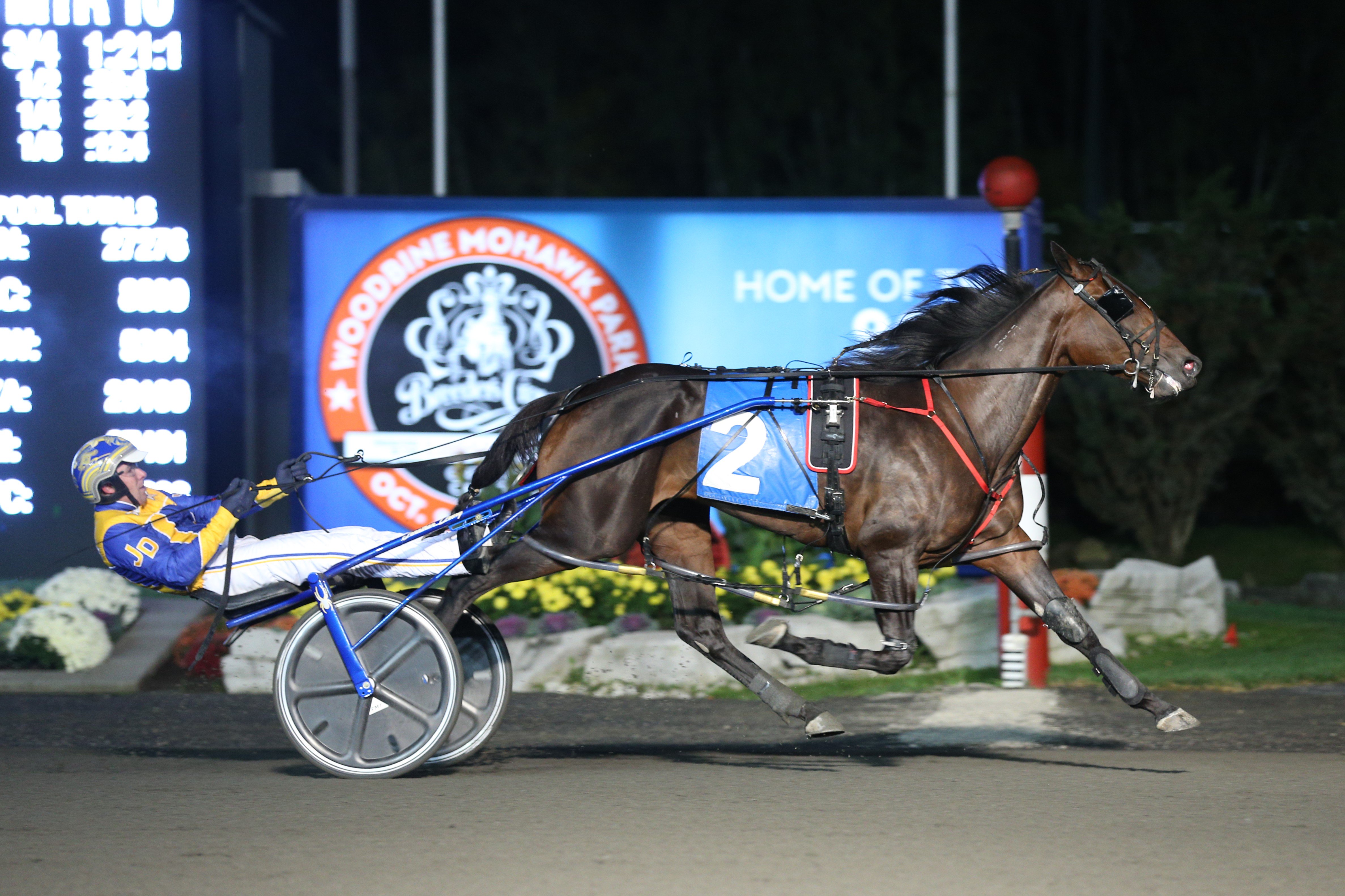 Boadicea and Jonathan Drury winning the Ontario Sires Stakes (OSS) Super Final for three-year-old pacing fillies on October 12, 2019 at Woodbine Mohawk Park (New Image Media)