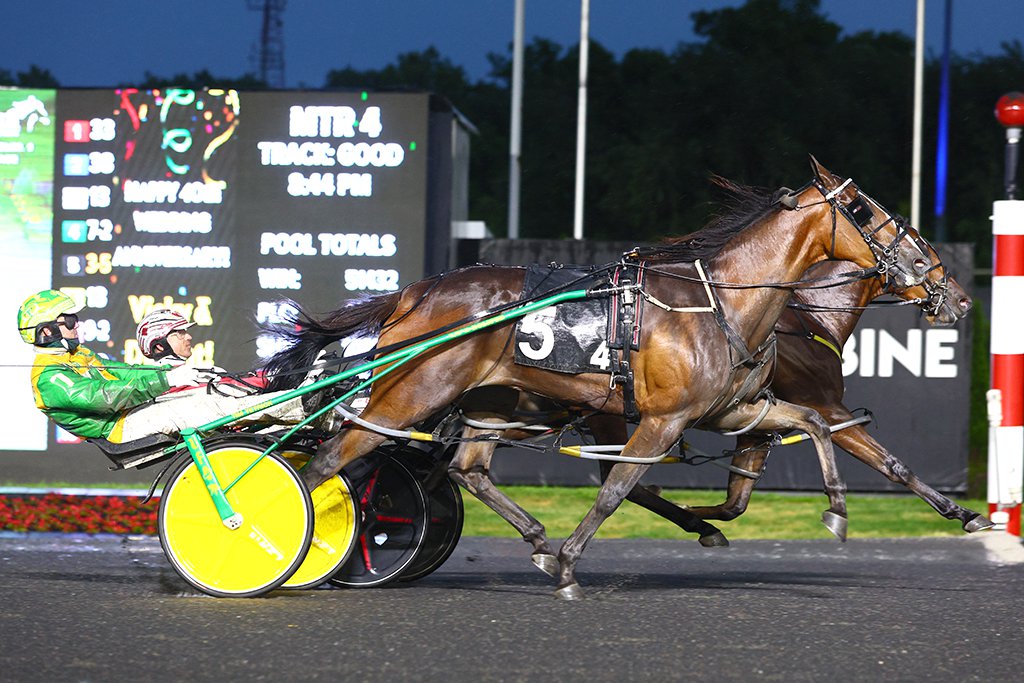 My Girl EJ and driver Dexter Dunn winning the first Fan Hanover Elimination on June 8, 2024 at Woodbine Mohawk Park (New Image Media)