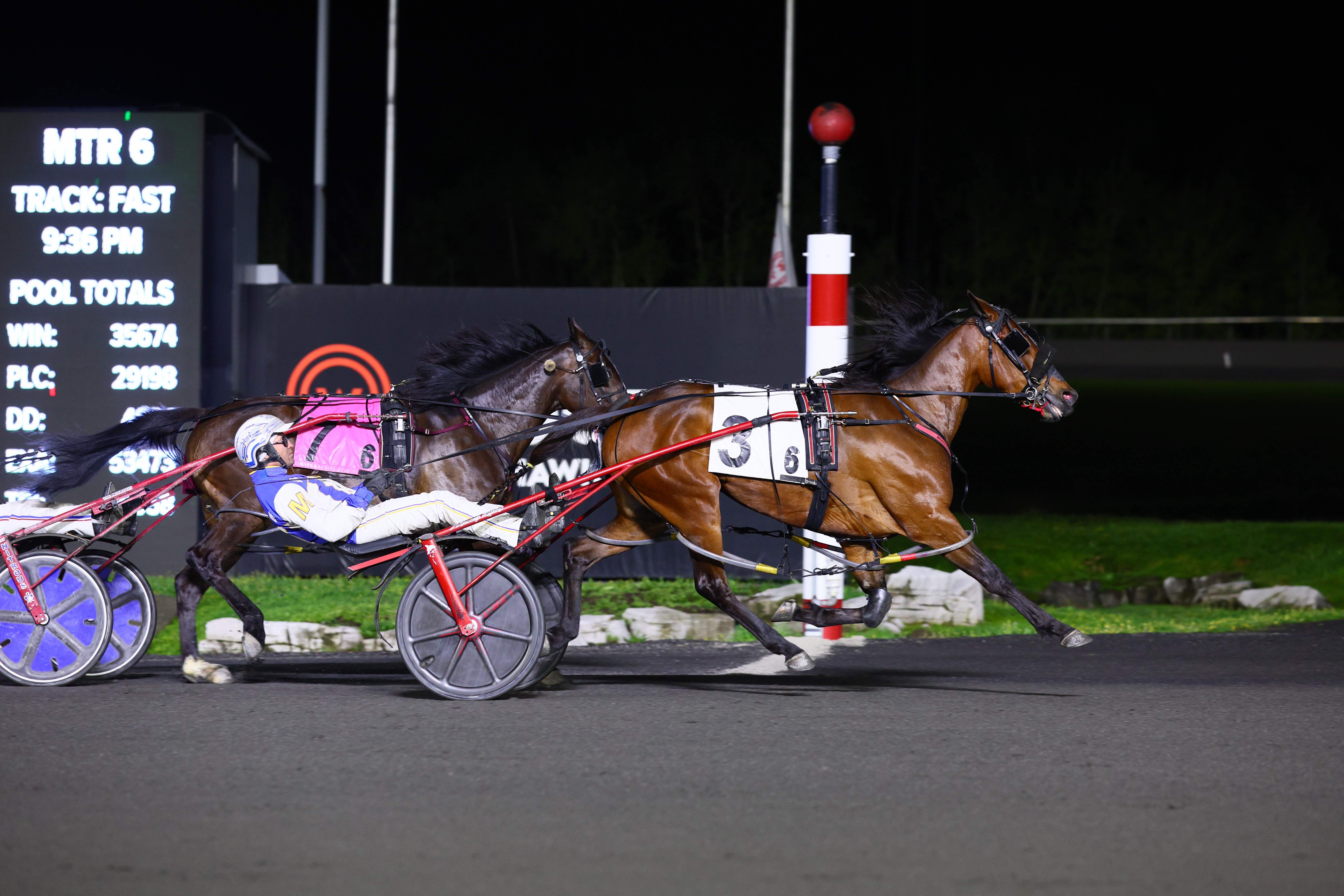 Pass Line and driver James MacDonald winning an SBOA elimination on May 3, 2024 at Woodbine Mohawk Park (New Image Media)