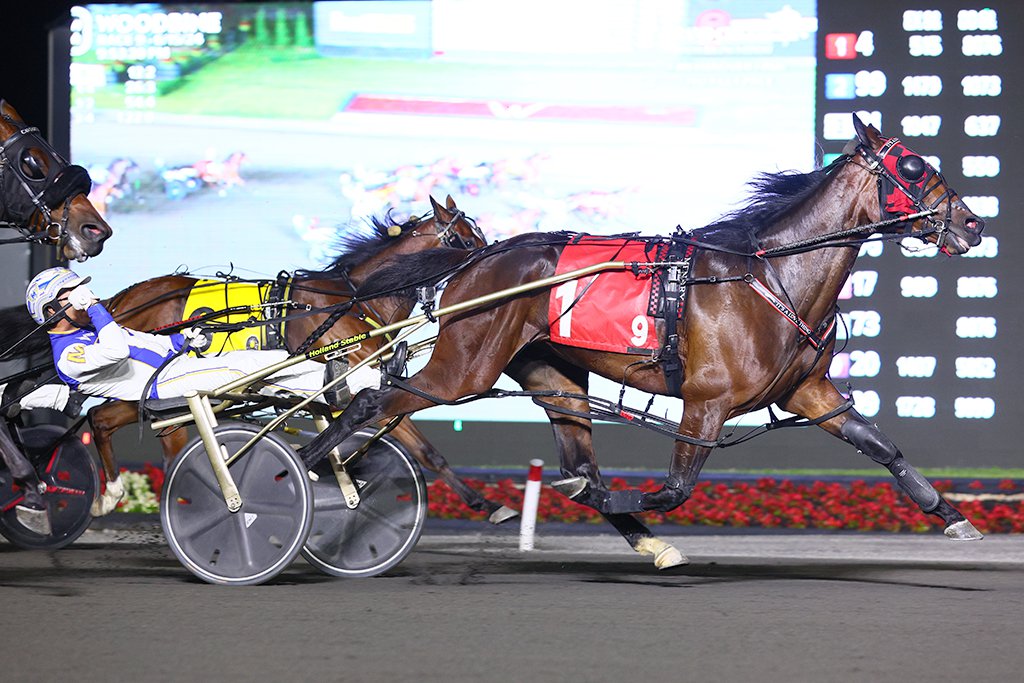 It's A Love Thing and Driver James MacDonald winning the Fan Hanover Final on June 15, 2024 at Woodbine Mohawk Park (New Image Media)