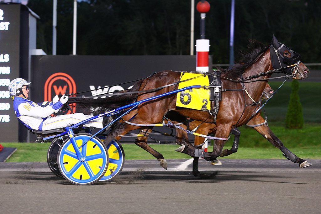 NICE BUNS and driver James MacDonald winning the first Champlain division for 2-year-old pacing fillies on September 7, 2024 at Woodbine (New Image Media)