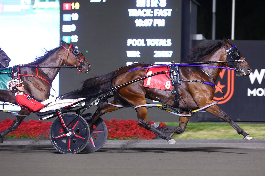 Twin B Joe Fresh and driver Dexter Dunn winning the Milton Stakes on September 14, 2024 at Woodbine Mohawk Park (New Image Media)