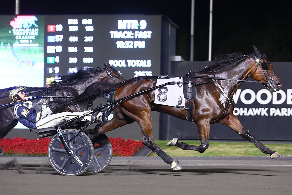 Highland Kismet and driver Bob McClure winning the Canadian Trotting Classic Elimination on September 14, 2024 at Woodbine Mohawk Park (New Image Media)