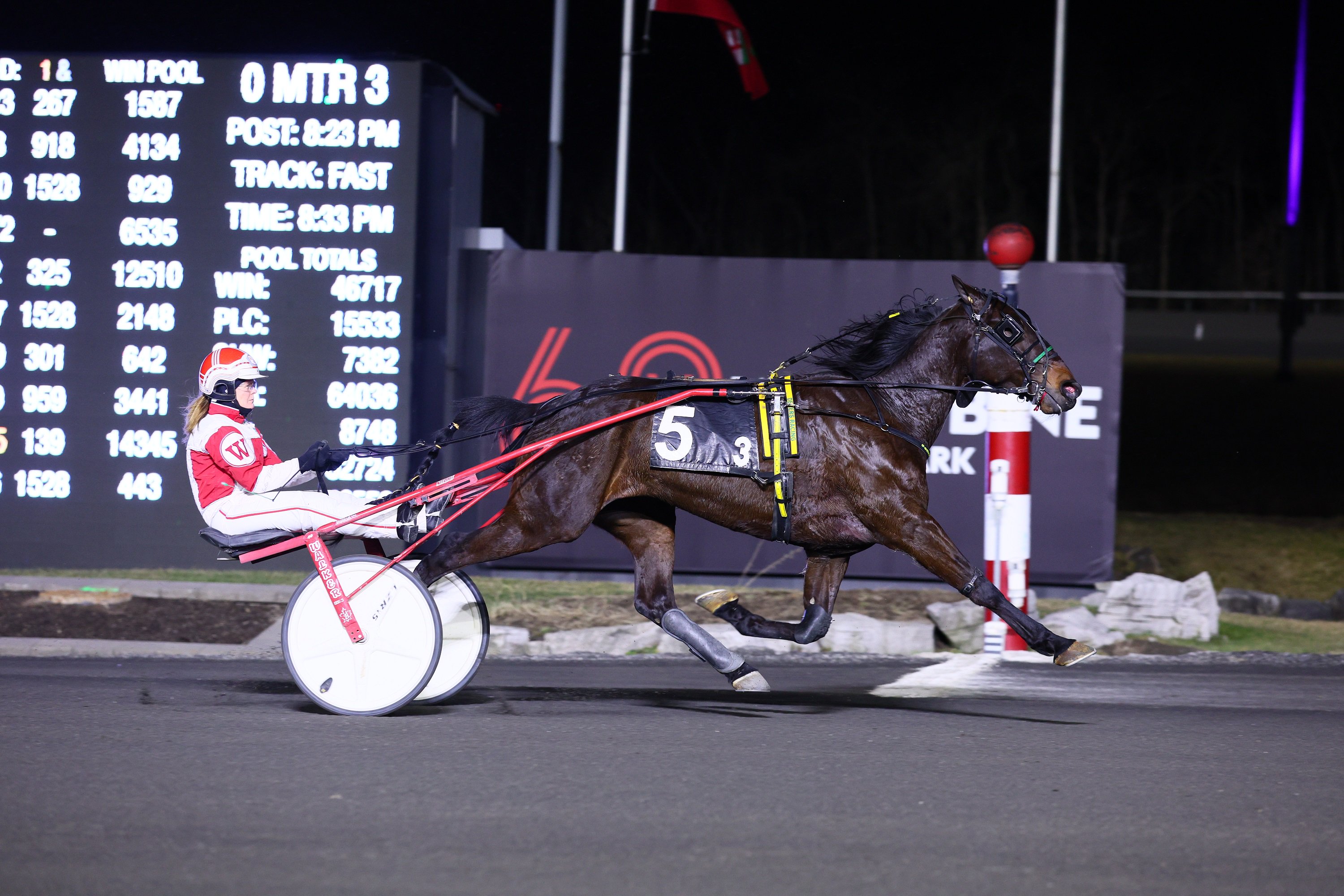 Prince Of Sussex and driver Julie Walker winning the International Women's Day Race on March 8, 2024 at Woodbine Mohawk Park (New Image Media)