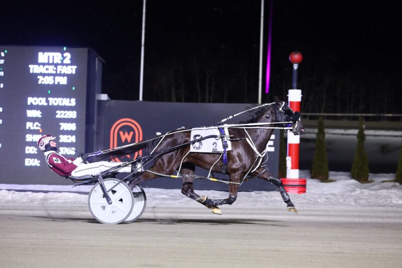 KJ Owen and driver Brett MacDonald winning Race 11 on March 6, 2025 at Woodbine Mohawk Park (New Image Media)