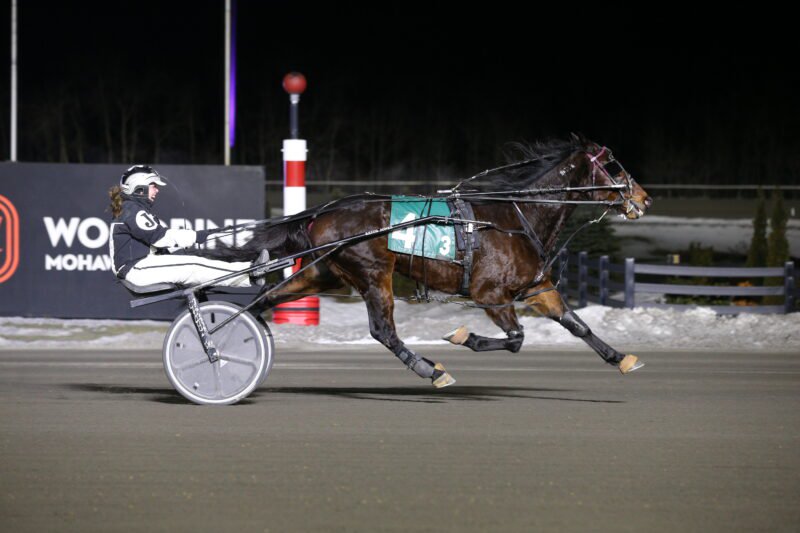 Maggie Jones driving Veracruz to victory on March 8, 2025 at Woodbine Mohawk Park (New Image Media)