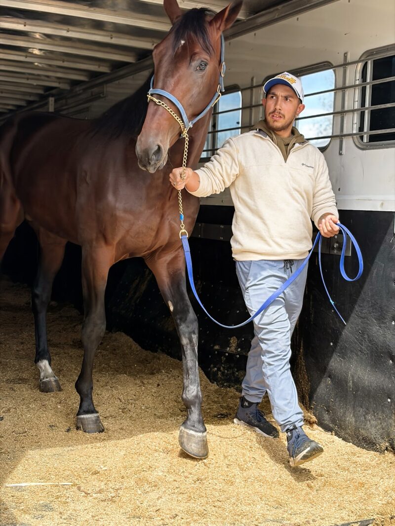 Beau Jangles and caretaker Riley Noble stepping off the trailer after returning from Florida last weekend. (New Image Media)