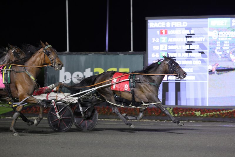 Louies Girl N and driver Jason Bartlett winning the first elimination for the Roses Are Red Stakes on June 6, 2026 at Woodbine Mohawk Park (New Image Media)