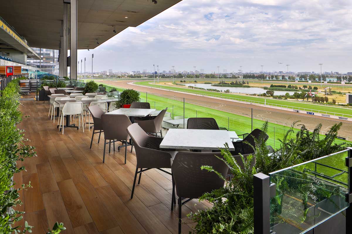 Stella Artois Terrace at Woodbine Racetrack. Woodbine Racetrack view from the patio showing all the tracks.