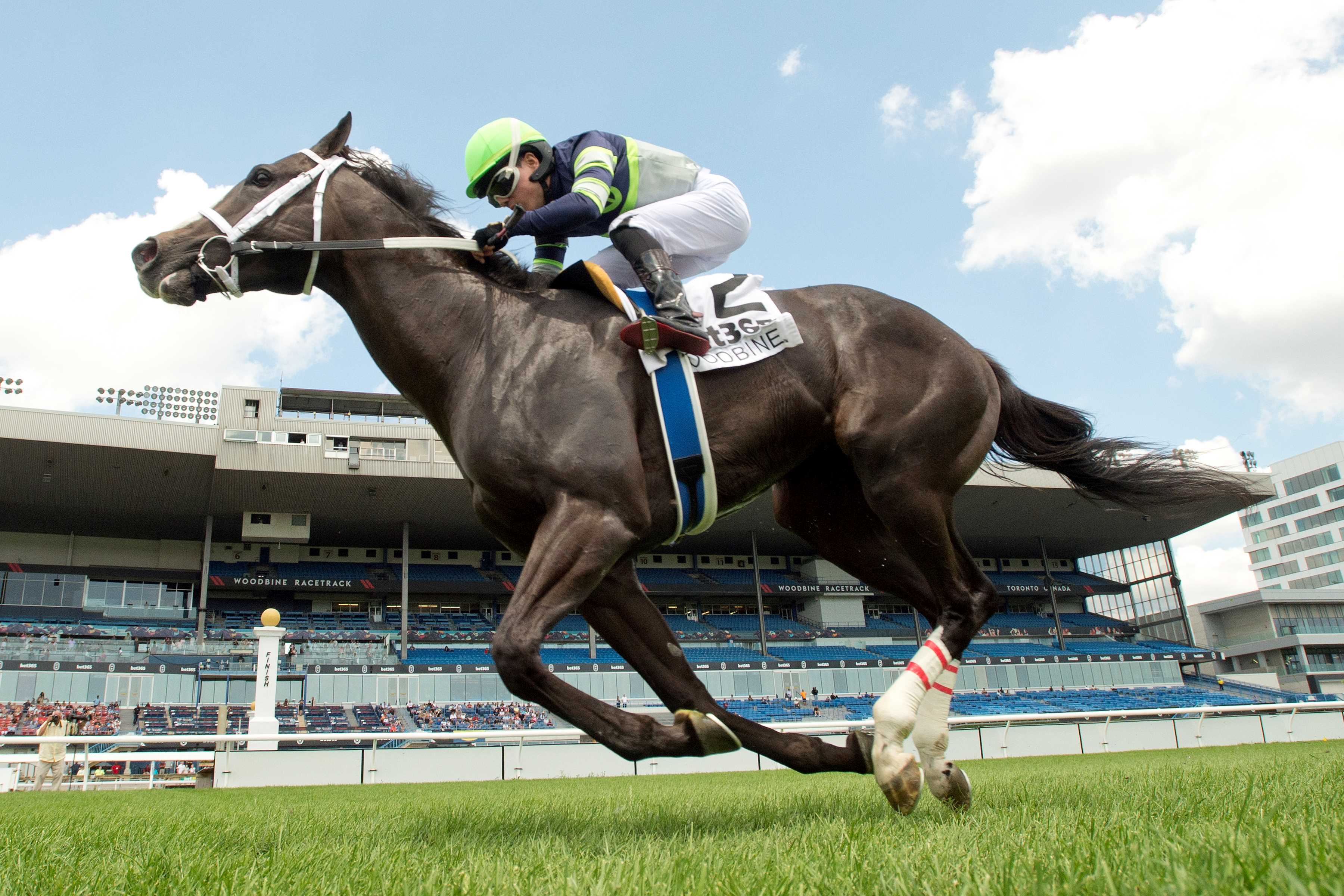 Live Lucky and jockey Kazushi Kimura winning the Lake Huron Stakes on July 7, 2024 at Woodbine (Michael Burns Photo)