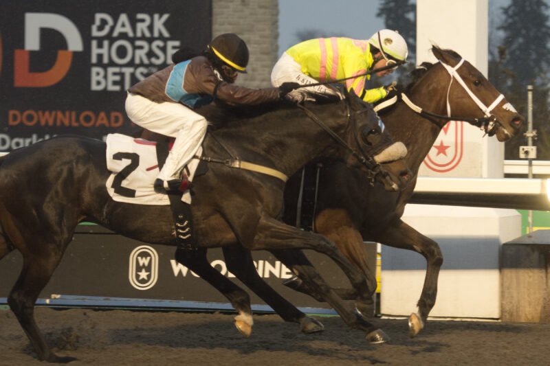 Jokestar and jockey Kazushi Kimura winning Race 6 on December 17, 2023 at Woodbine (Michael Burns Photo)