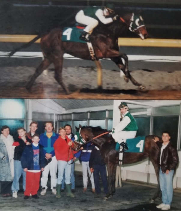 John LeBlanc Jr. celebrates his first training victory on November 12, 1992, courtesy of Canada First, under Steve Bahen, at Greenwood. (Michael Burns Photo) 