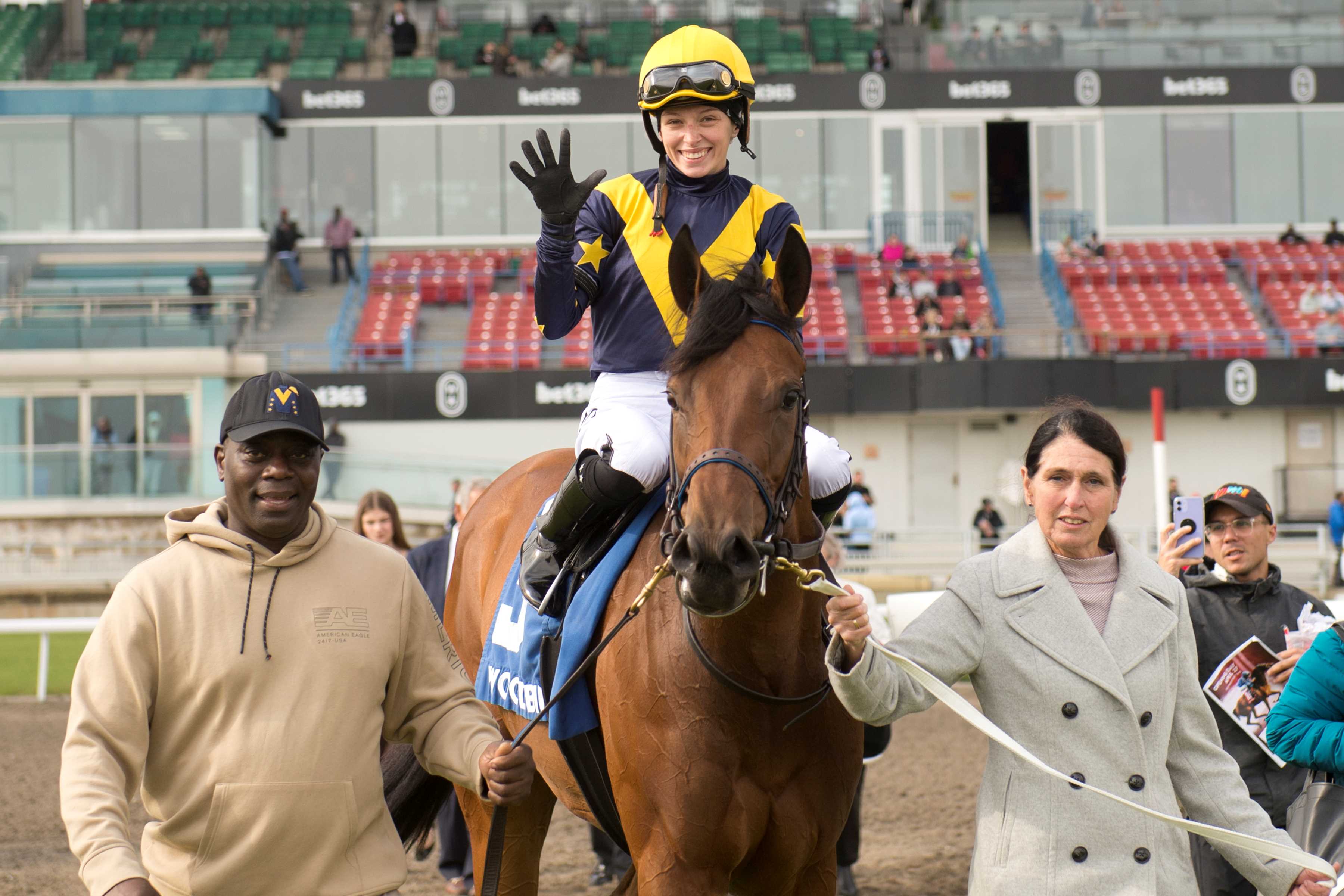 Jockey Sofia Vives celebrates 5 wins on the 2024 opening day card after winning the Star Shoot Stakes with Sabatini at Woodbine (Michael Burns Photo)