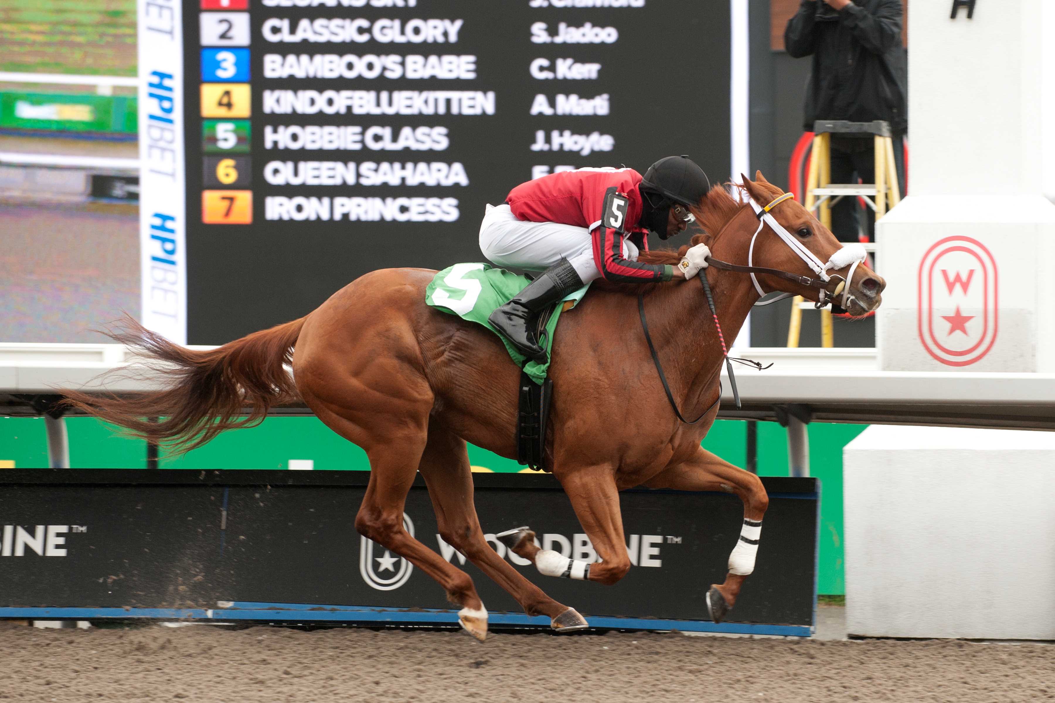 Hobbie Class and jockey Jason Hoyte winning the first race of the 2024 season at Woodbine (Michael Burns Photo)