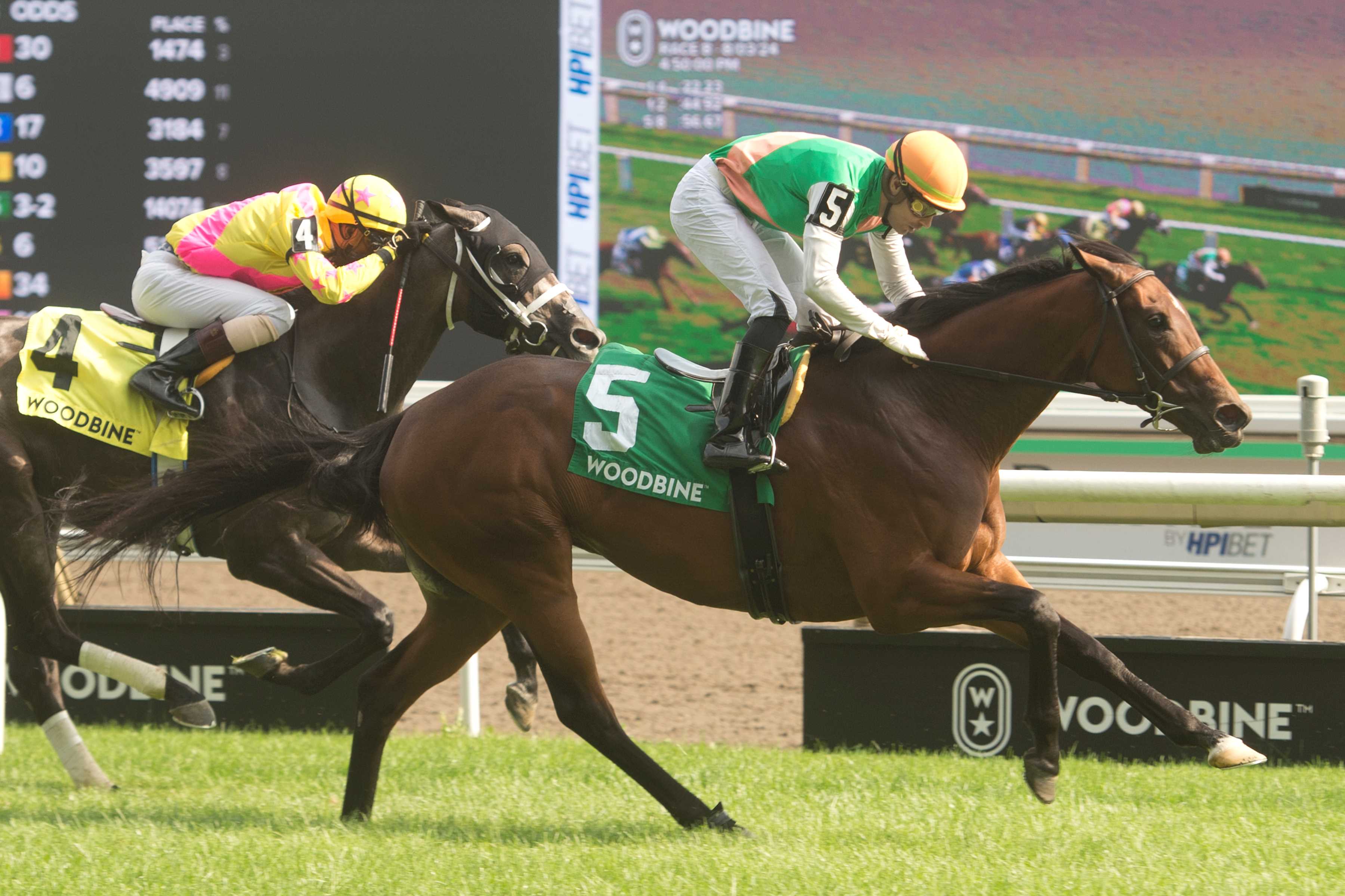 Loon Cry and jockey Sahin Civaci winning the Sweet Briar Too Stakes on August 3, 2024 at Woodbine (Michael Burns Photo)