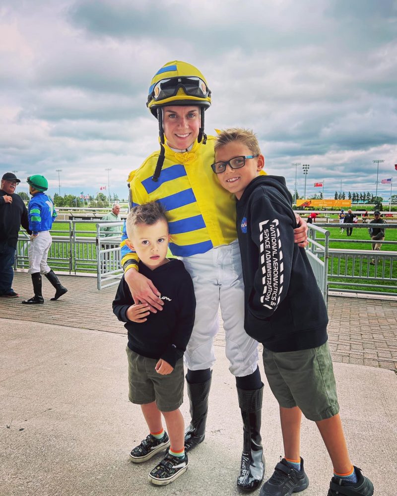 Isabelle Wenc and her nephews after a race at Woodbine in 2023