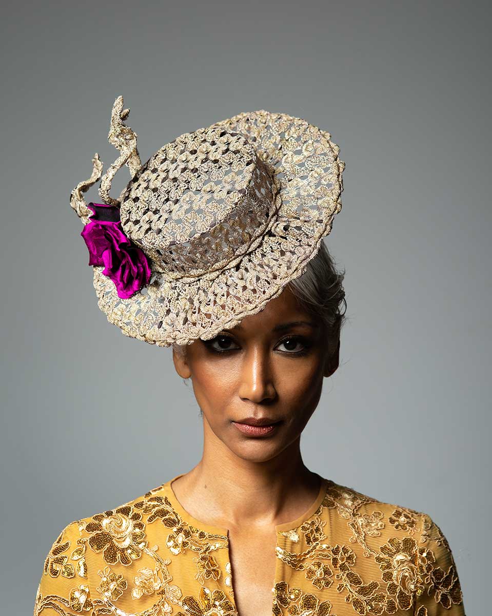King's Plate Official Milliner Gold Hat with Pink Flowers
