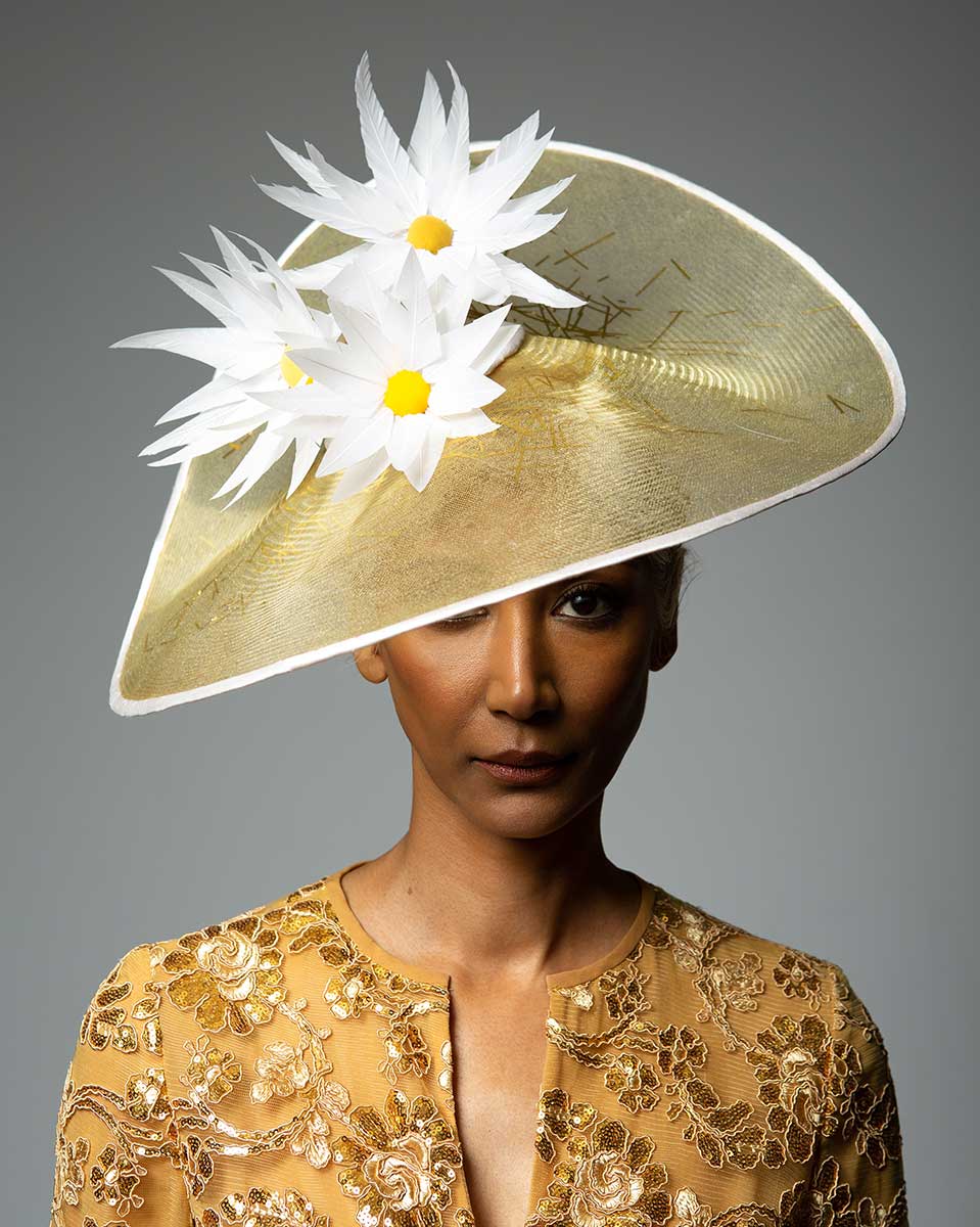King's Plate Official Milliner Gold Hat With White Flowers