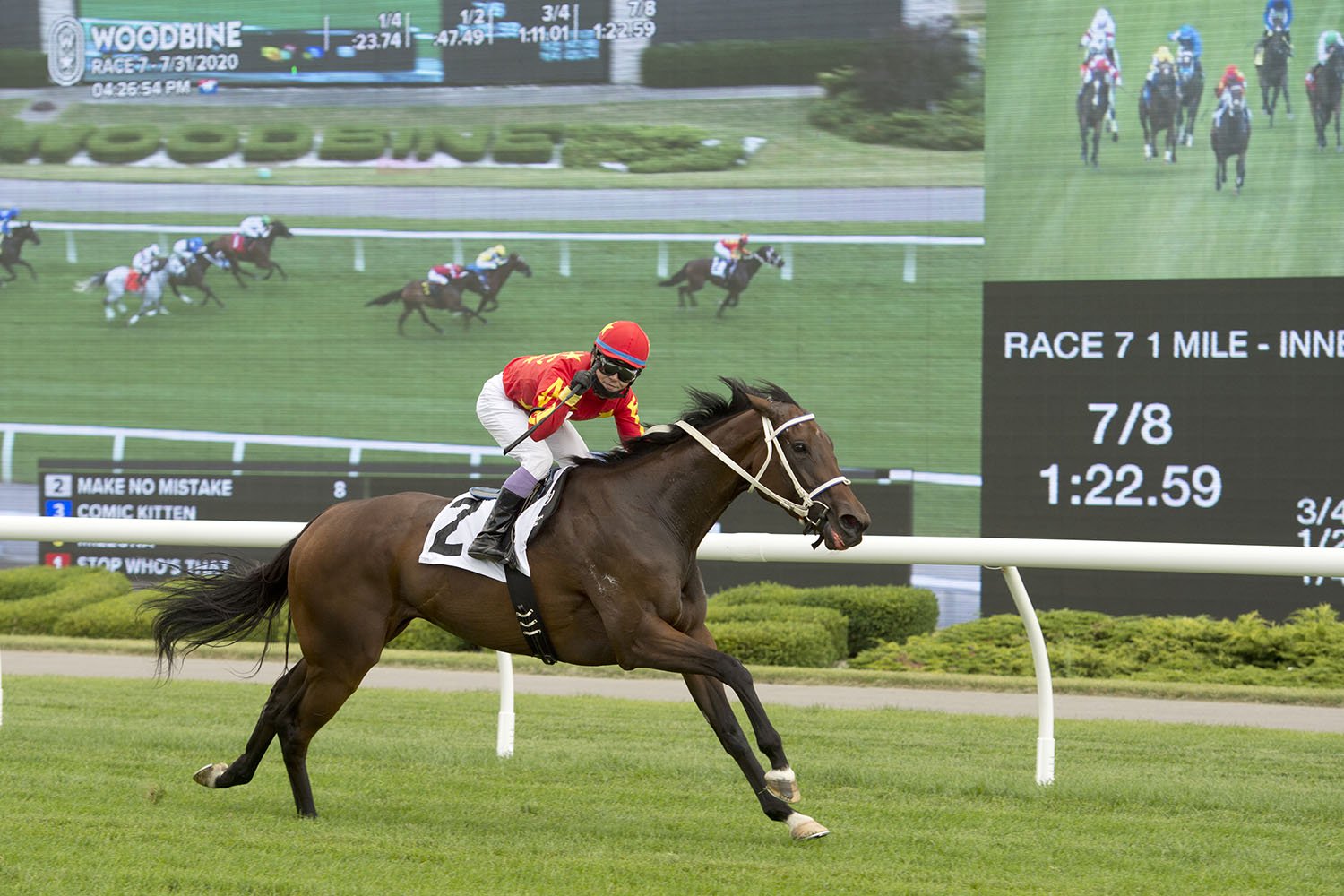 Make No Mistake setting an inner turf course record on July 31 at Woodbine Racetrack for trainer Zeljko Krcmar. (Michael Burns Photo)