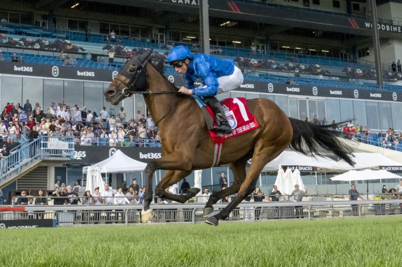 Master of The Seas and William Buick winning the Grade 1 Ricoh Woodbine Mile. (Michael Burns Photo)