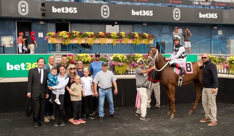 Lady Brew, trainer Steven Chircop and connections in the winner's circle for Race 4 on September 9, 2023 at Woodbine (Michael Burns Photo)