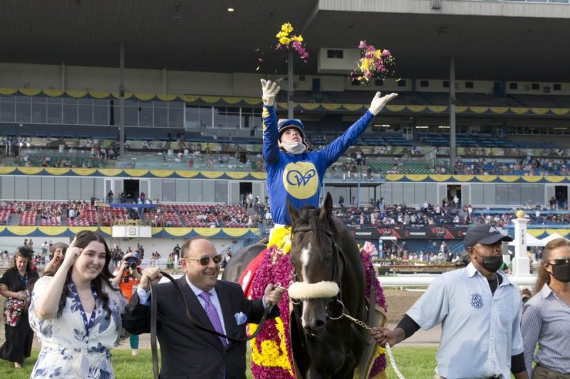 Safe Conduct and Irad Ortiz celebrate their 2021 Queens Plate victory at Woodbine. (Michael Burns Photo)