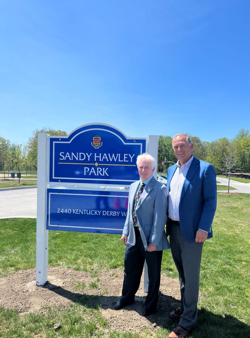 Sandy Hawley was joined by Woodbine CEO Jim Lawson at the opening of Sandy Hawley Park in Oshawa on Friday, May 13.    