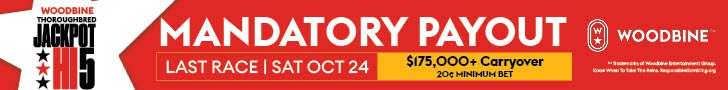 TB OCT26 JackpotHI5 Assets HMAs 728x90 Jackpot Hi-5 Mandatory Payout Carryover Continues To Grow! Saturday, October 24, 2026 Last Race of the Race Card